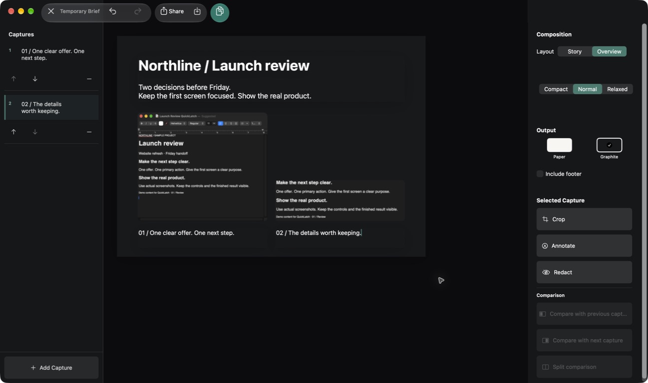 Real QuickLatch Graphite Brief editor with a sample capture and a focused detail