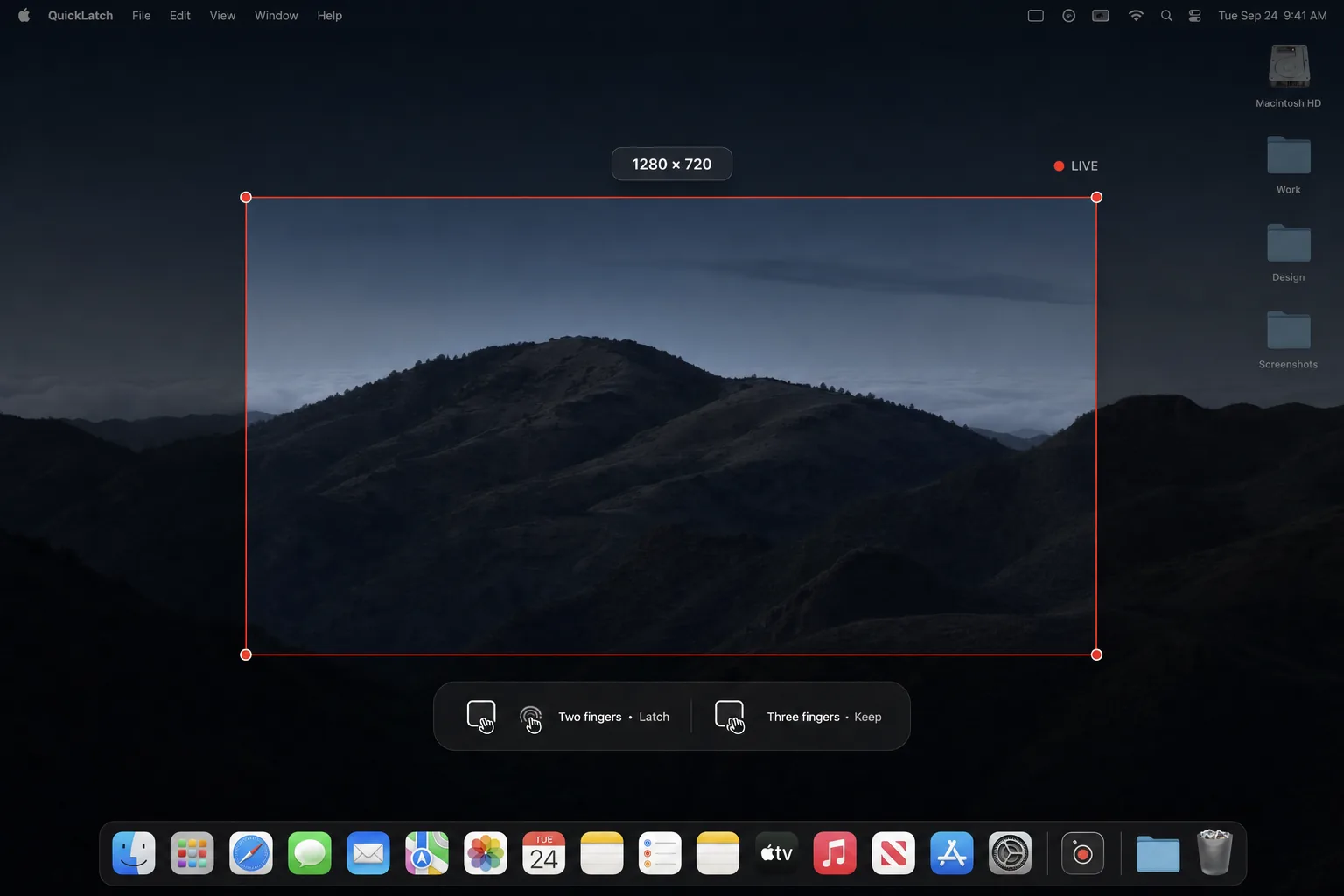 Selecting a screen region on the Mac desktop, with trackpad gesture hints shown below the selection