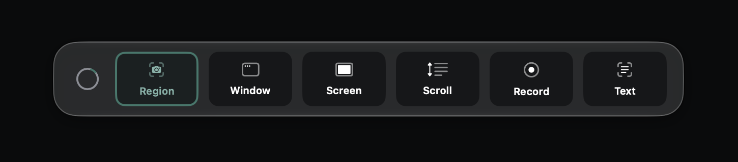 QuickLatch Halo showing Region, Window, Screen, Scroll, Record and Text capture modes