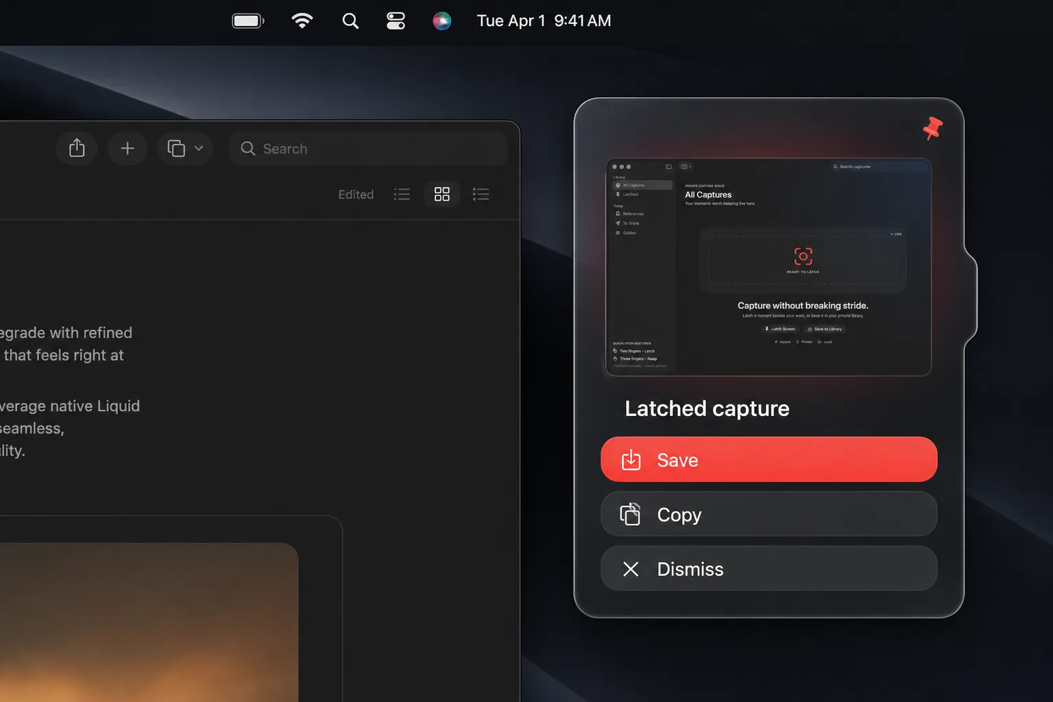 A latched capture floating in a glass panel beside a document, with Save, Copy, and Dismiss buttons