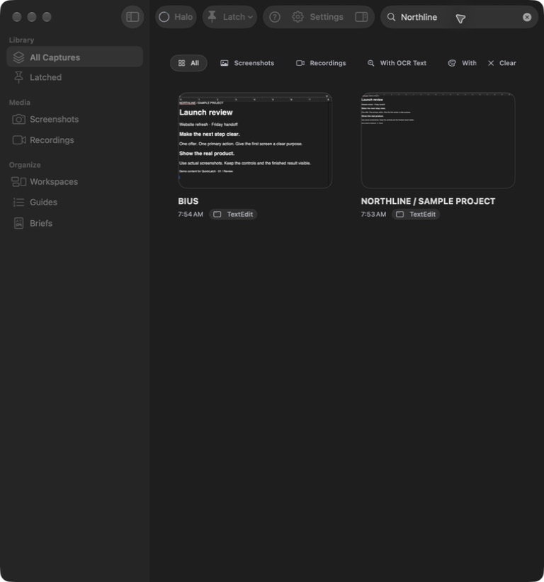 Actual QuickLatch search for Northline, finding the sample document by its recognized text