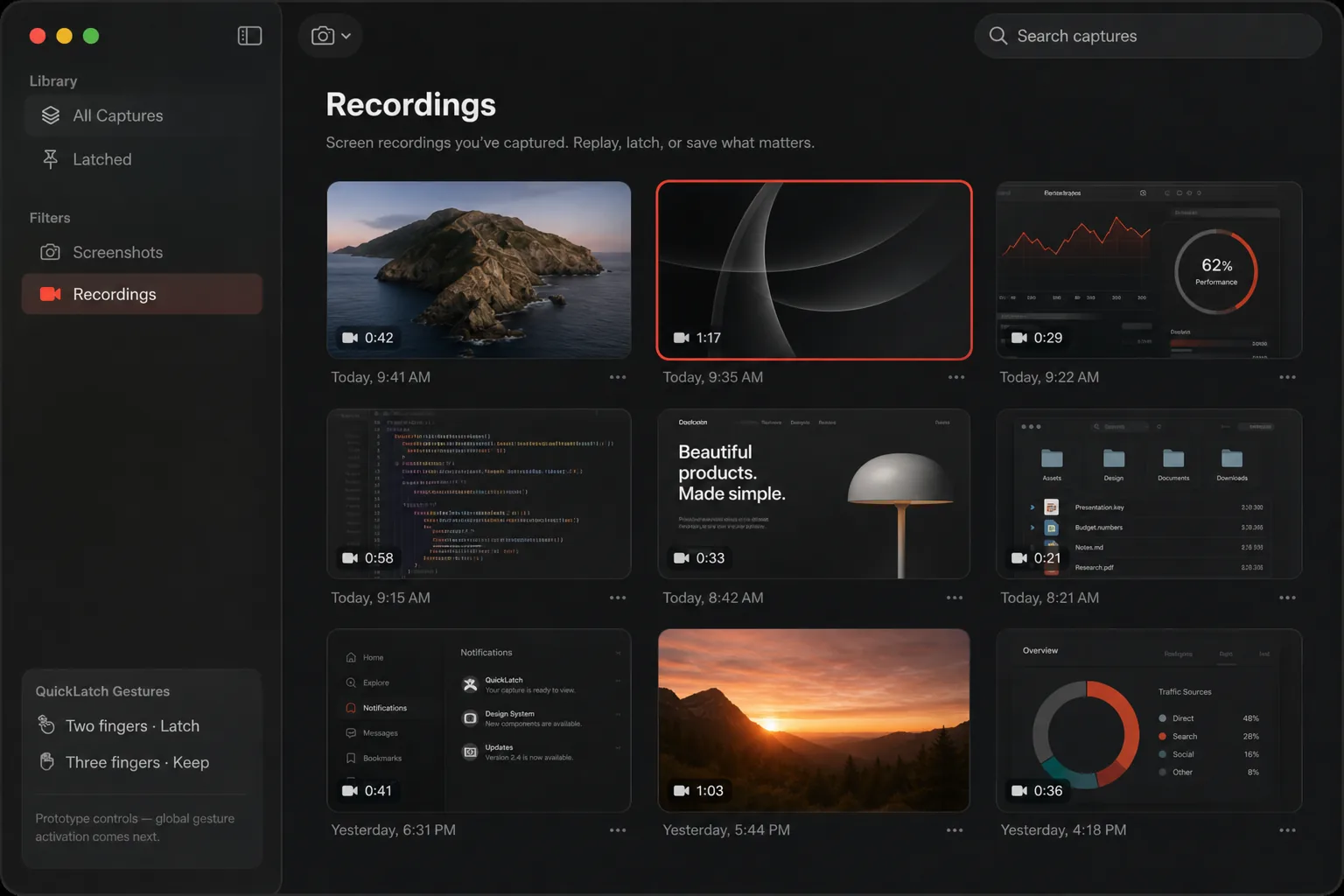 The QuickLatch library showing a grid of screen recordings with durations and capture times