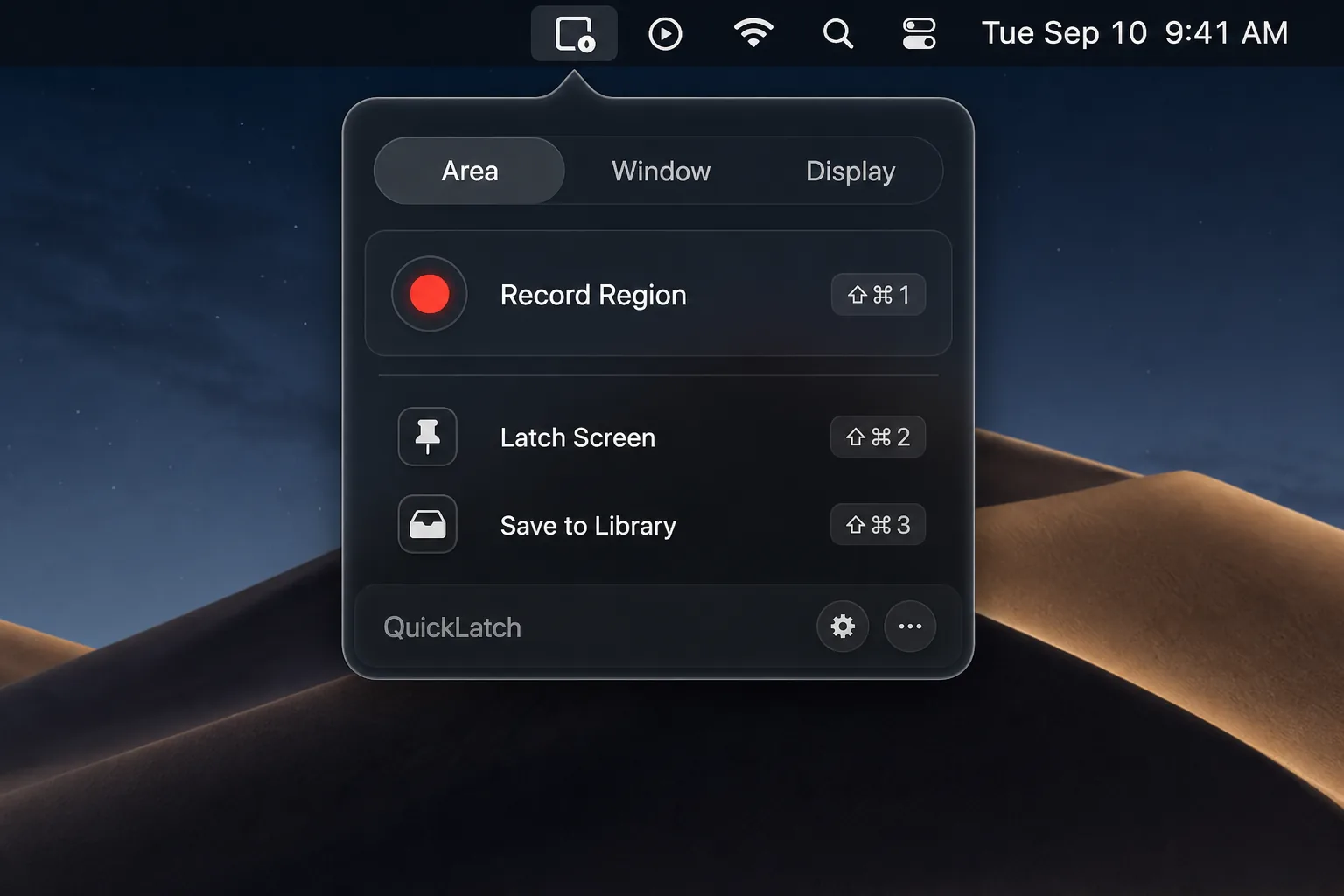 The QuickLatch menu bar popover with Record Region, Latch Screen, and Save to Library actions and their shortcuts
